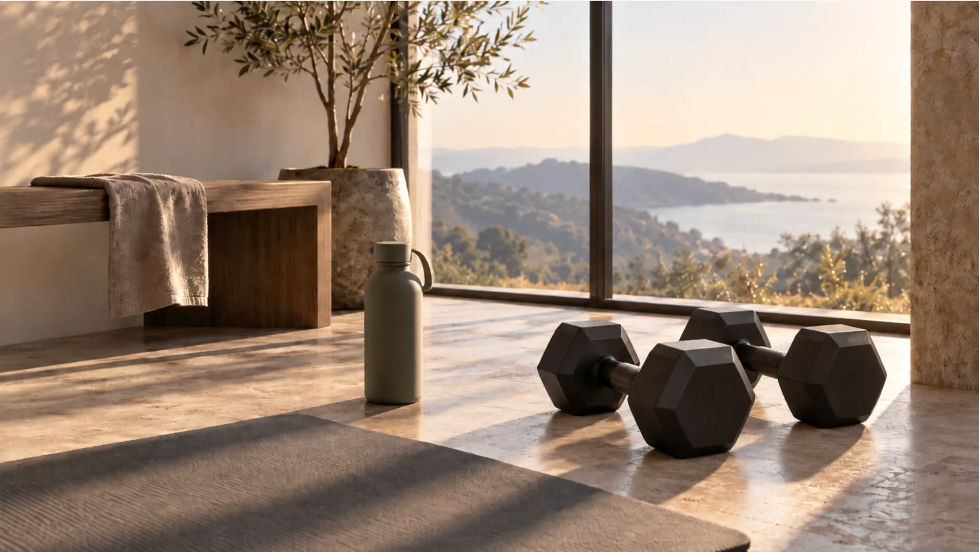 A sunlit home gym corner with black dumbbells, a yoga mat and a sage water bottle beside a window overlooking hills and the sea
