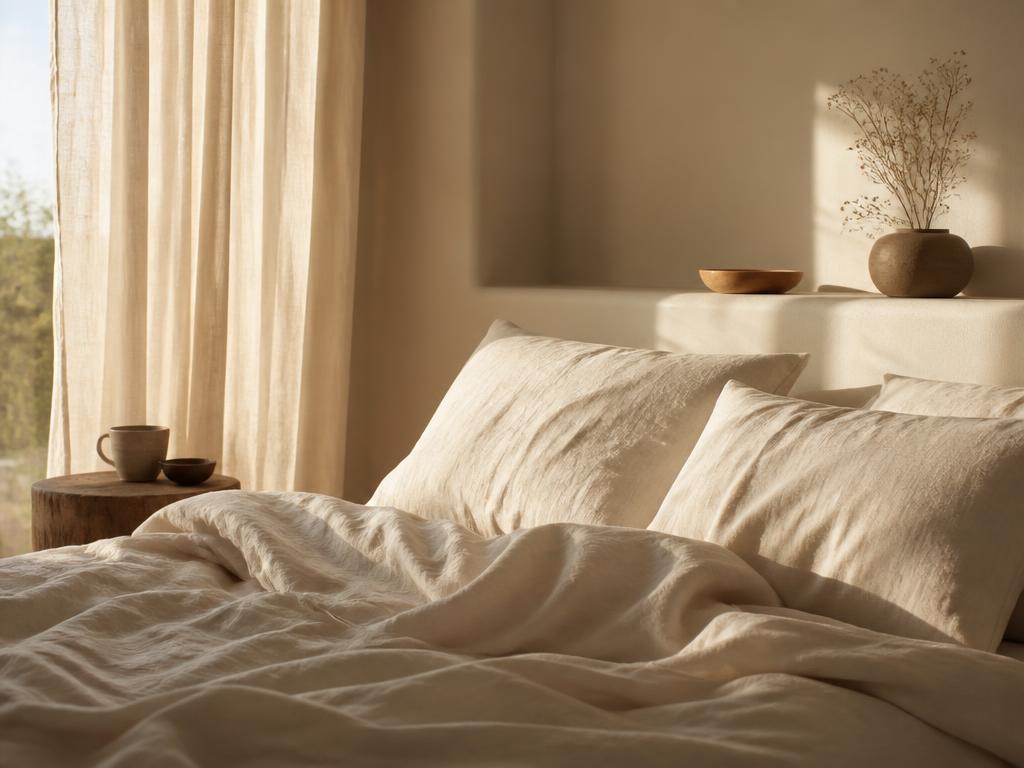 A calm bed with cream linen sheets in morning light
