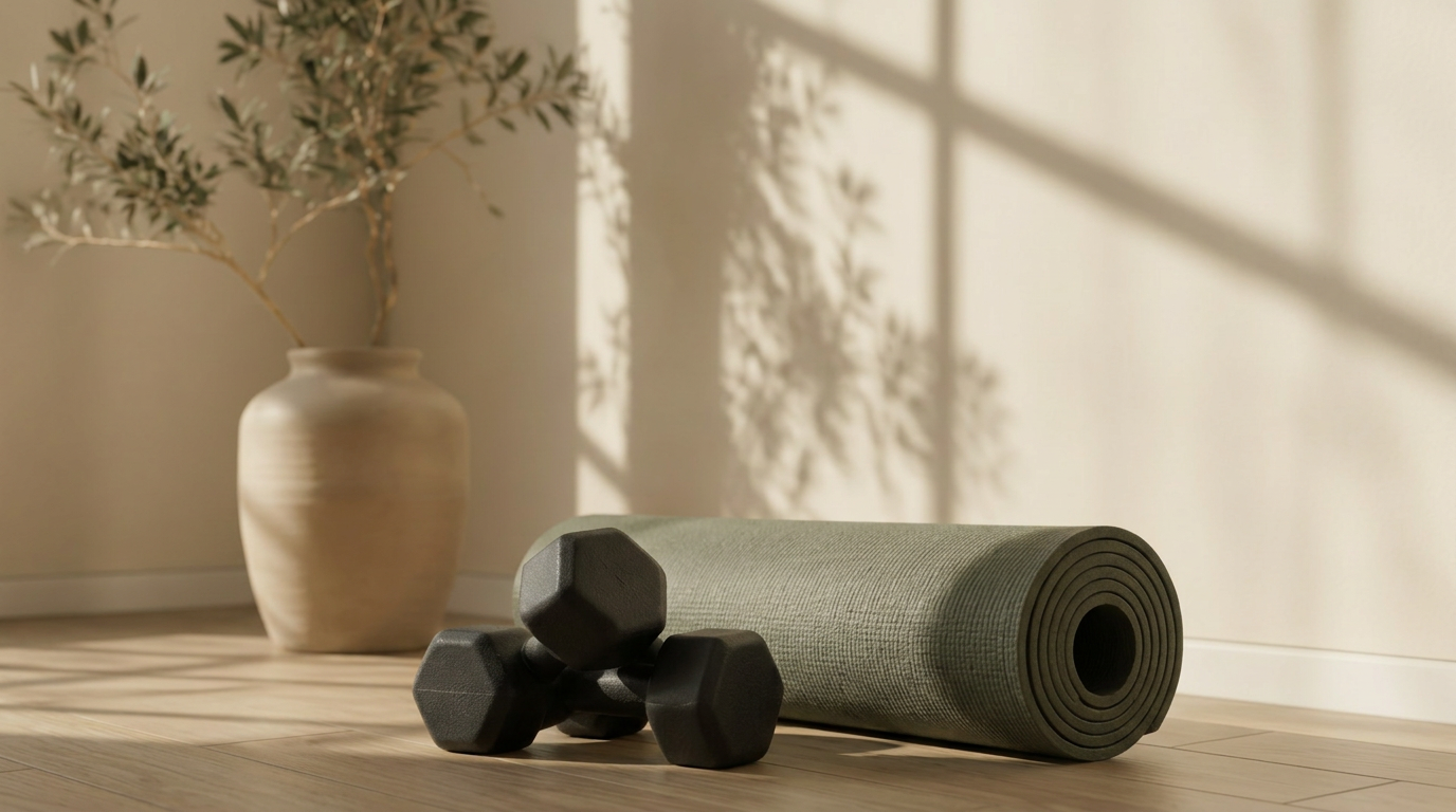 Dumbbells and a rolled yoga mat in soft window light